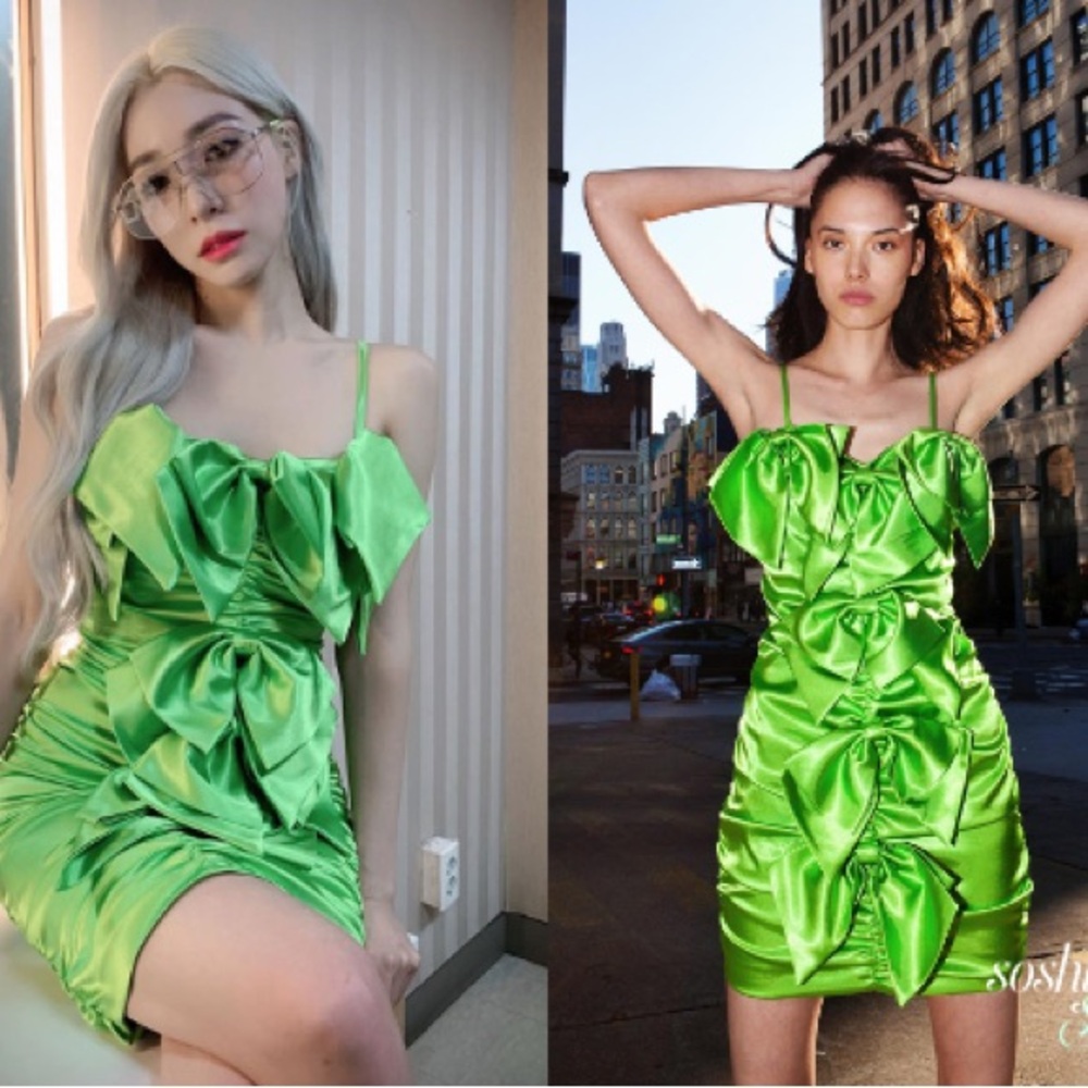 Mia Vesper Bows and Rouched Vibrant Green Satin Mini Dress with Adjustable Strap